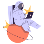 Astronaut sitting on a red planet with a laptop open and stars around them.