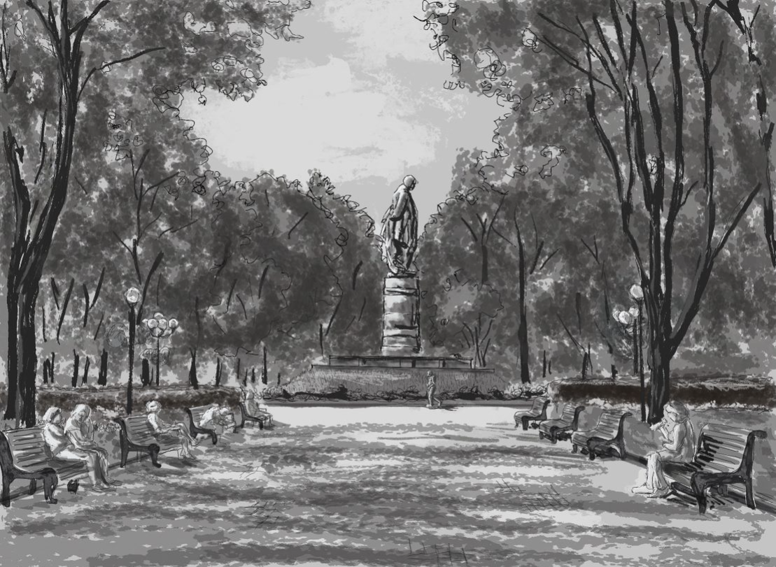 Drawing of park in Kyiv lined with park benches with people contemplating and sky in the distance