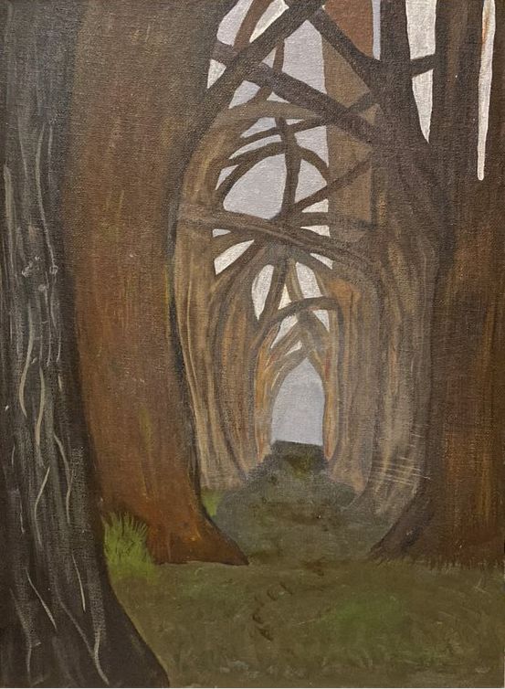 Painting of path through trees in forest with branches creating web overhead