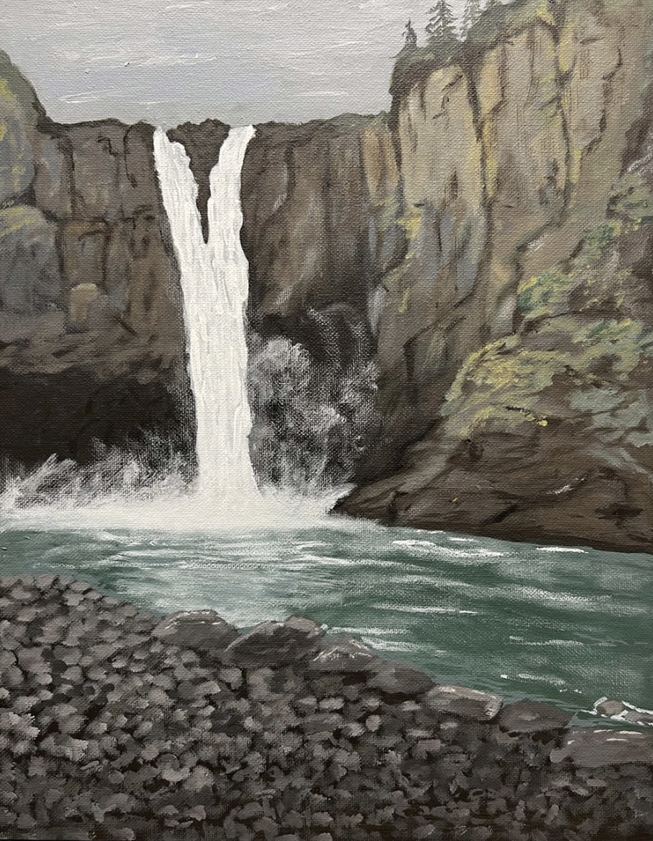 Painting of waterfall falling over steep cliff of rocks into river below