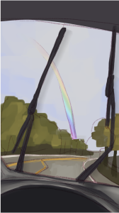Painting of inside car behind windshield with tree and rainbow in distance