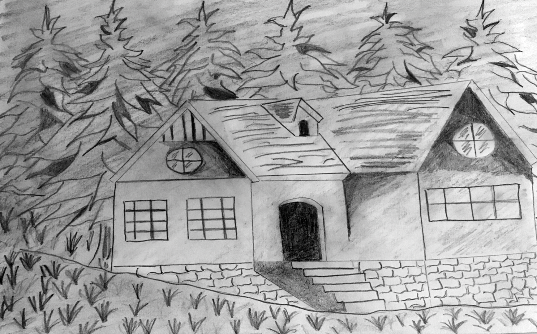 Drawing of house surrounded by garden and forest