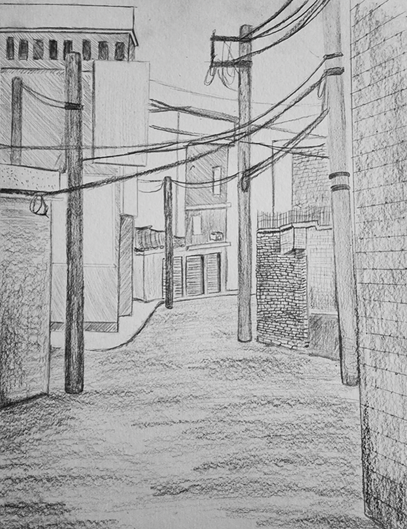 Drawing of winding back street with buildings on side and telephone lines overhead