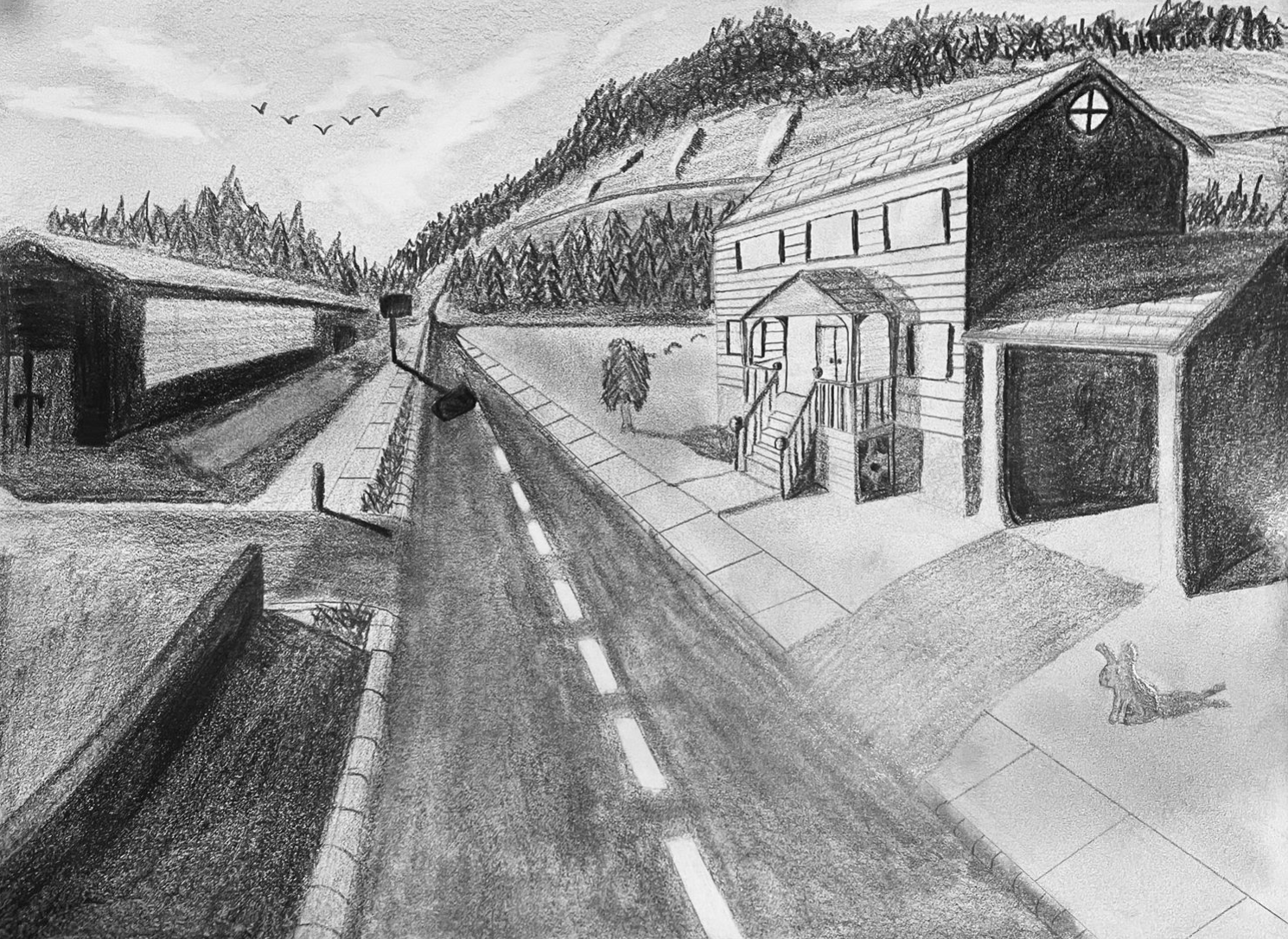 Drawing of road in country bisected by barn on left, house on right, and with hill ahead