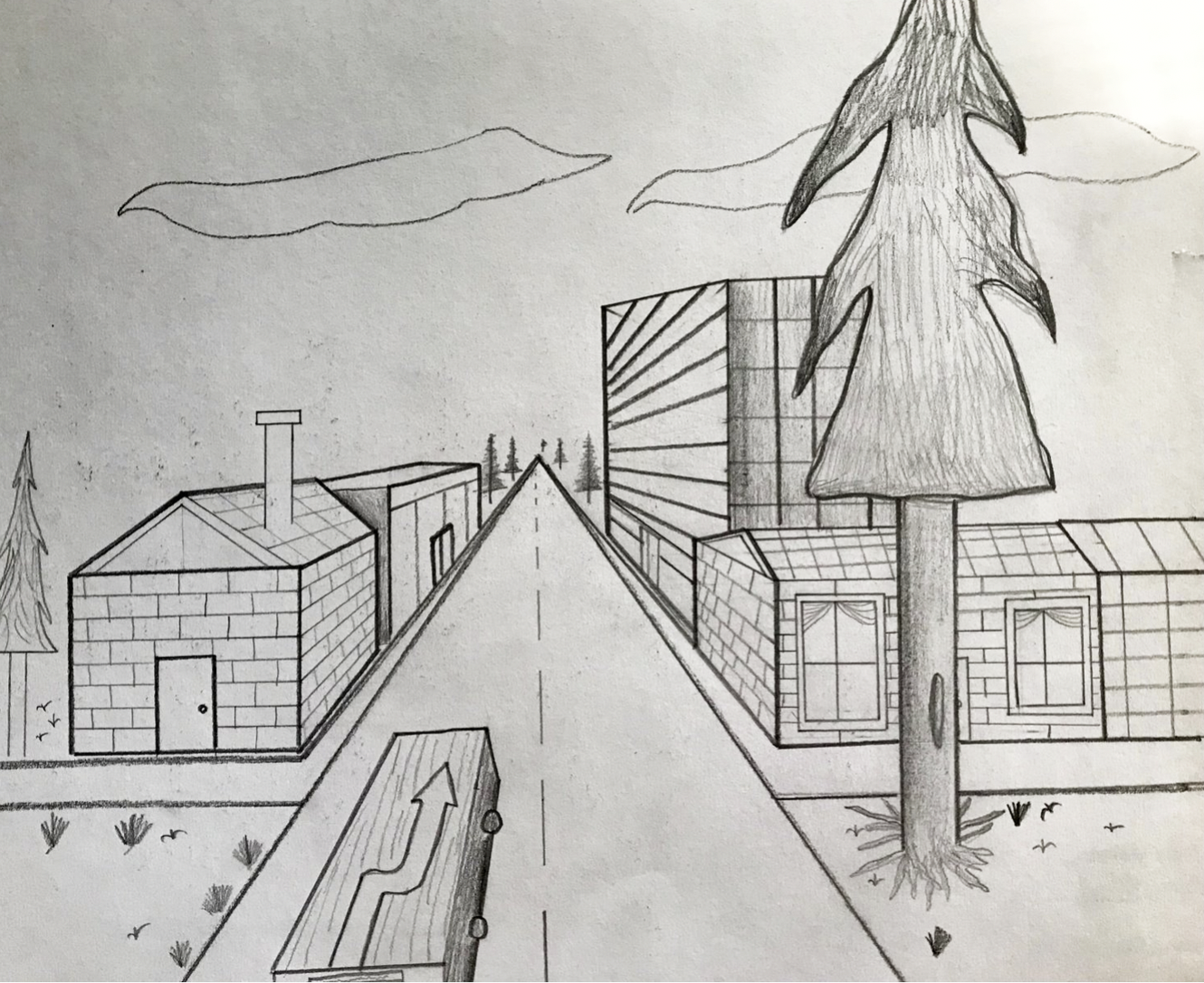 Drawing of road surrounded by house, tree and with clouds in the sky