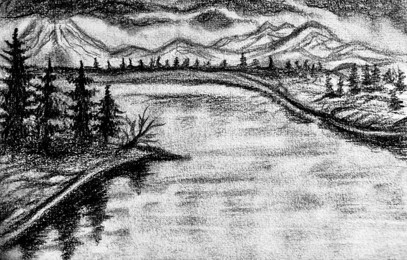Drawing of body of water with trees on the left and mountains in the distance
