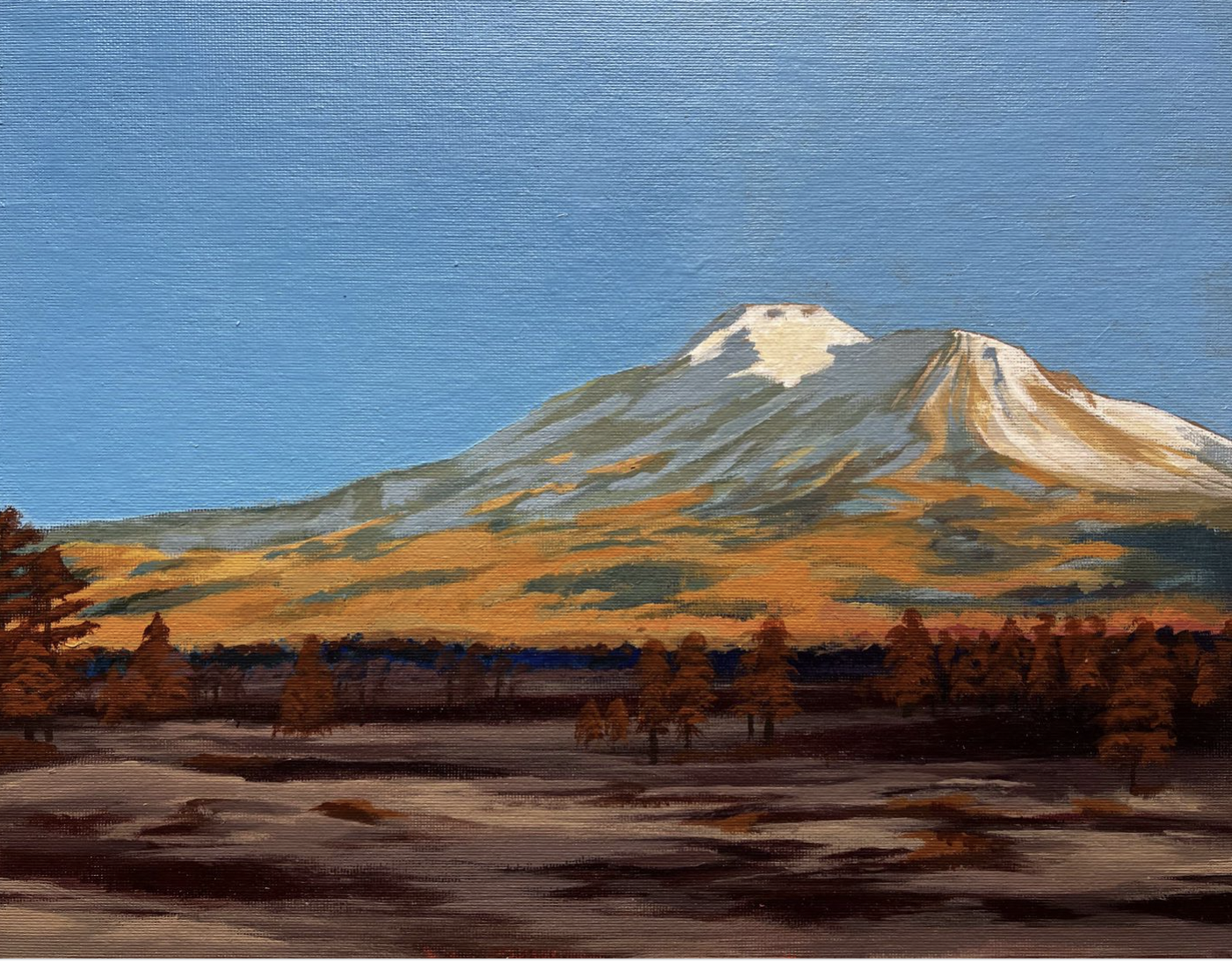 Painting of landscape with dark soil in foreground and colorful snow-capped mountain in distance