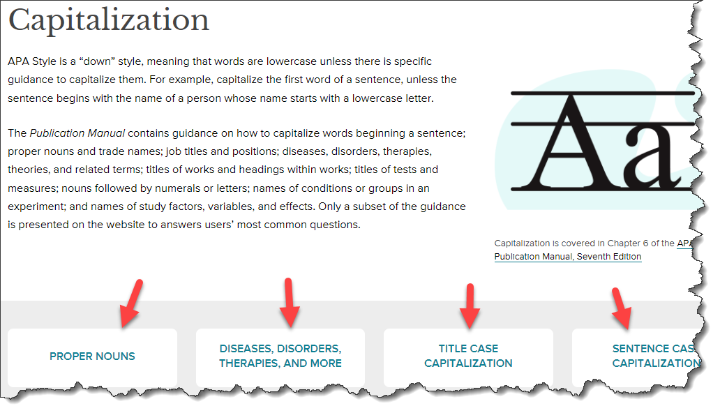 screenshot of a APA guideline page on capitalization. Arrows point to sub menus of the page.