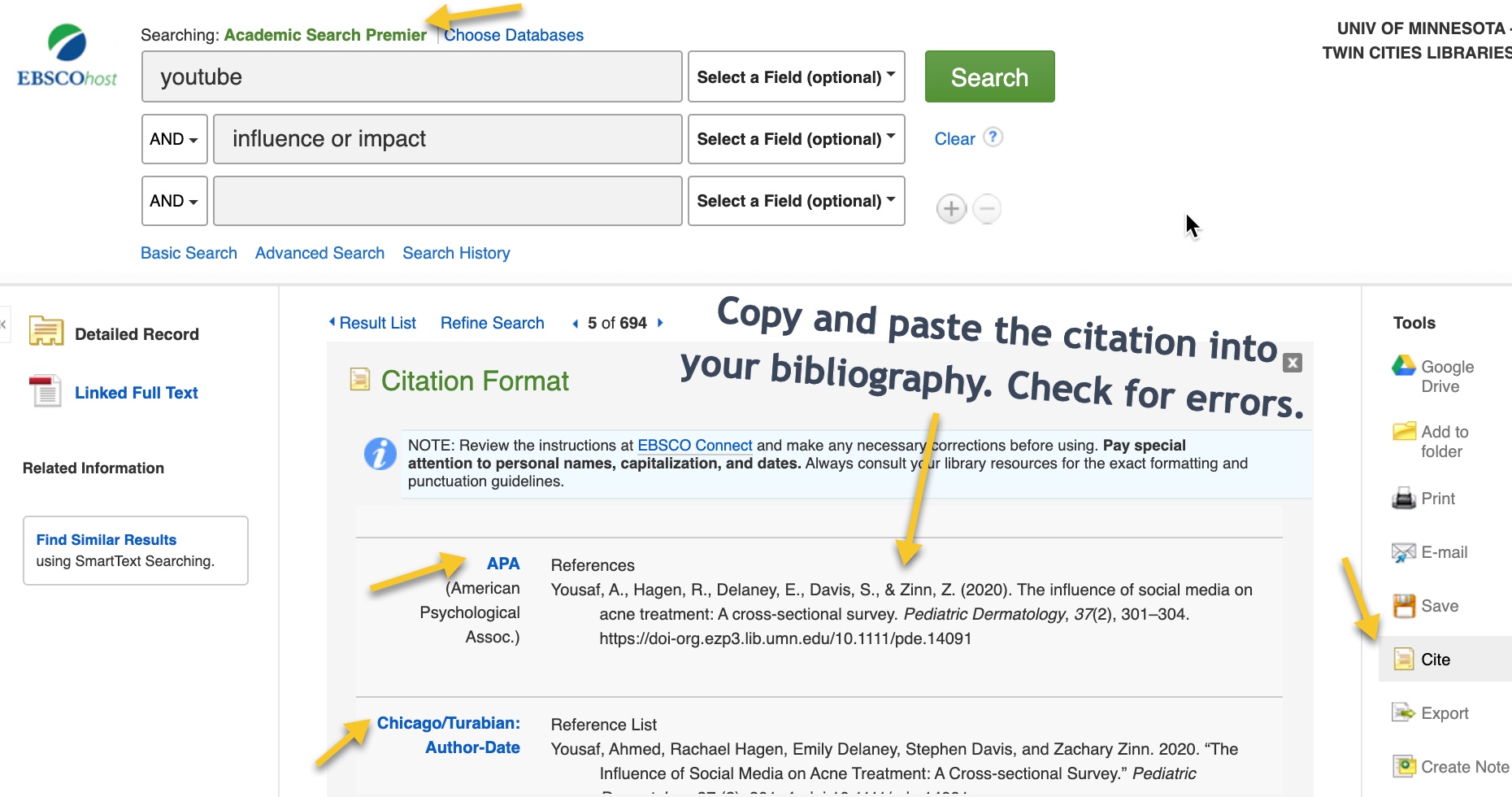 Click "cite" in Academic Search Premier