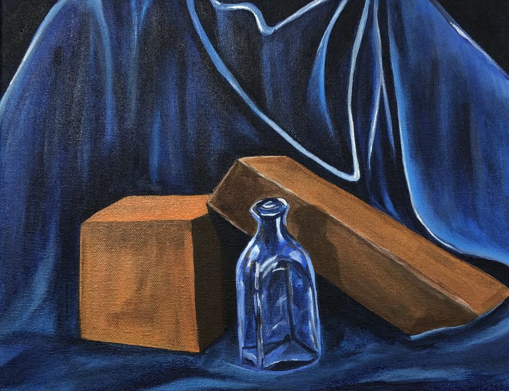 A blue glass bottle casting a shadow upon a rectangular and a square brown box, sitting on a draped blue fabric. Acrylic paint on canvas.