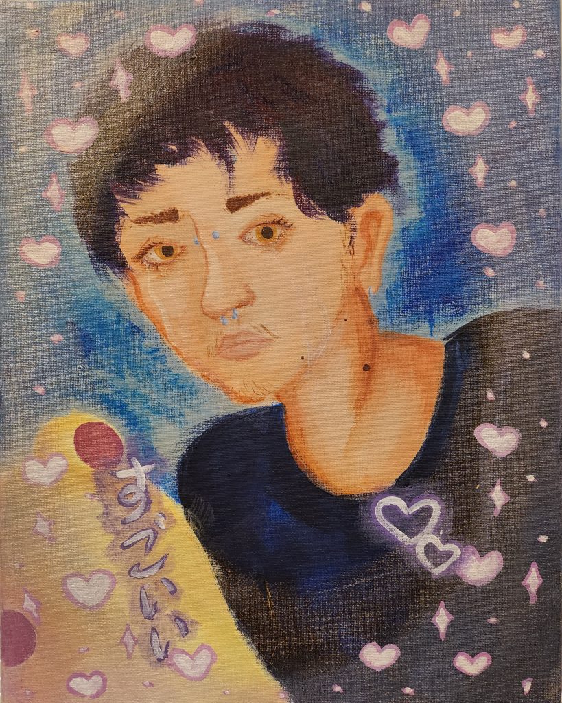 A figure with short black hair and light brown eyes looks at the viewer while they dominate the piece. They are in front of a blue background and surrounded by pink and white hearts and sparkles. On the right bottom corner is a swathe of yellow with Japanese script.