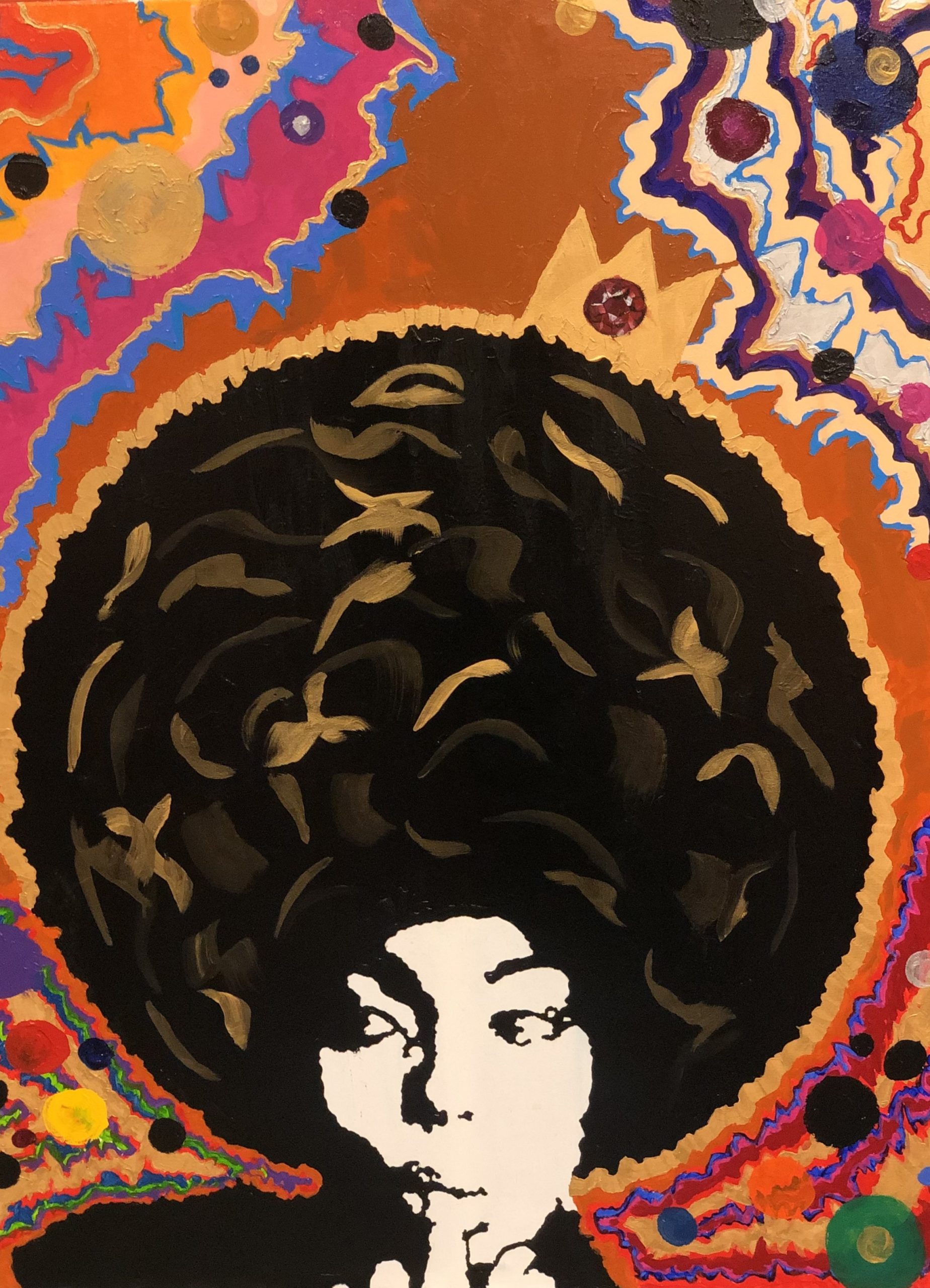 A woman glancing to the left while sucking on her finger. She has a large rounded afro that dominates the middle of the canvas, outlined in gold with a golden crown rest on the upper right of her hair. The background is a mish-mash of different colored shapes on a flat orange base.