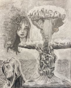 A figure in robes stands in from of a mushroom cloud. In the bottom left is a three quarter profile of another figure in a hood in some distress. Behind and to the left of the mushroom cloud is the face of a young girl, crying. There is a flower in the long dark hair.