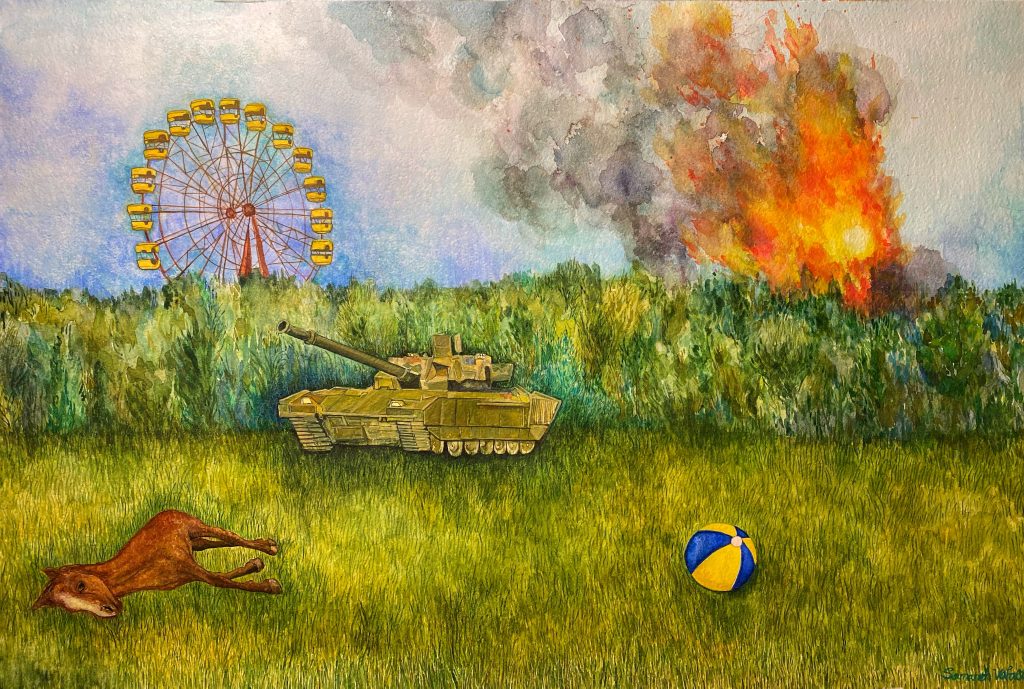 A tank is in a field of grass in the midground. The left side of the tree line behind it is on fire. The top of a Ferris wheel can be seen above the trees in the background. There is a toy horse and a striped ball on the grass in the foreground.