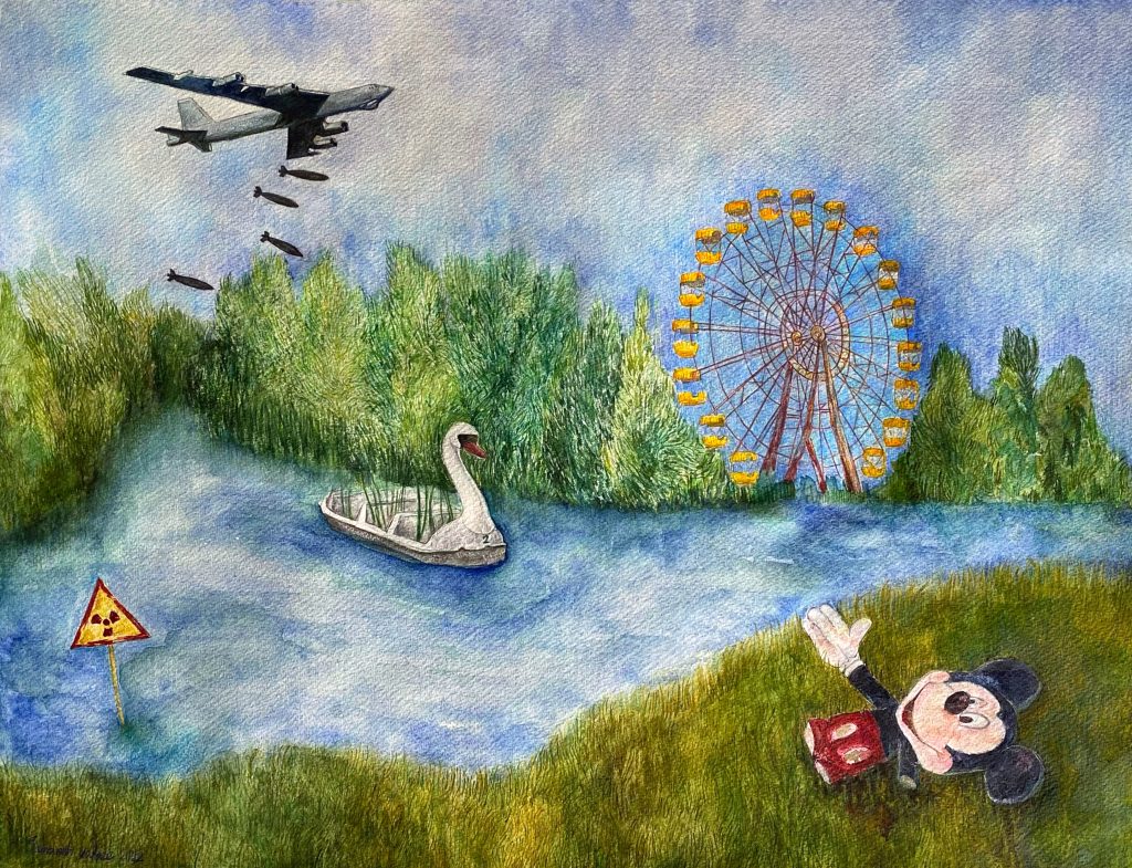 A swan boat overgrown with grass sits on a river near a sign warning chemical waste. There is a broken Mickey Mouse figure on the shore in the foreground. A Ferris wheel can be seen in the distance. A jet in the sky is dropping bombs in the background.