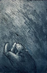 A hand reaching from the viewer into the lightest part of the piece. The hand and background are gray/blue, hues descending diagonally from a light to dark gradient.