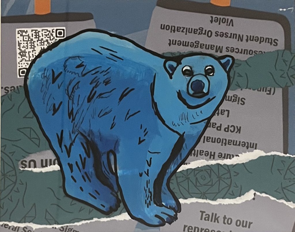 A blue bear outlined and detailed in black sharpie is centered on the page. Gray signs with torn pieces of articles and a QR code lay break up the pattered gray/green background.