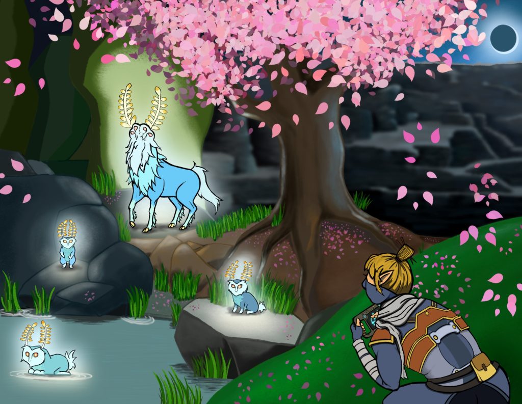 A pink petalled tree sits in the midground, shading several glowing creatures that have yellow antennae and eyes, white and blue fur. Three of them are small sitting around and in a pond, and one is horse-like.  A humanoid figure with pointed armor is in the foreground, peering over a green hill looking at the creatures. There are cliffs and a moon in the background.