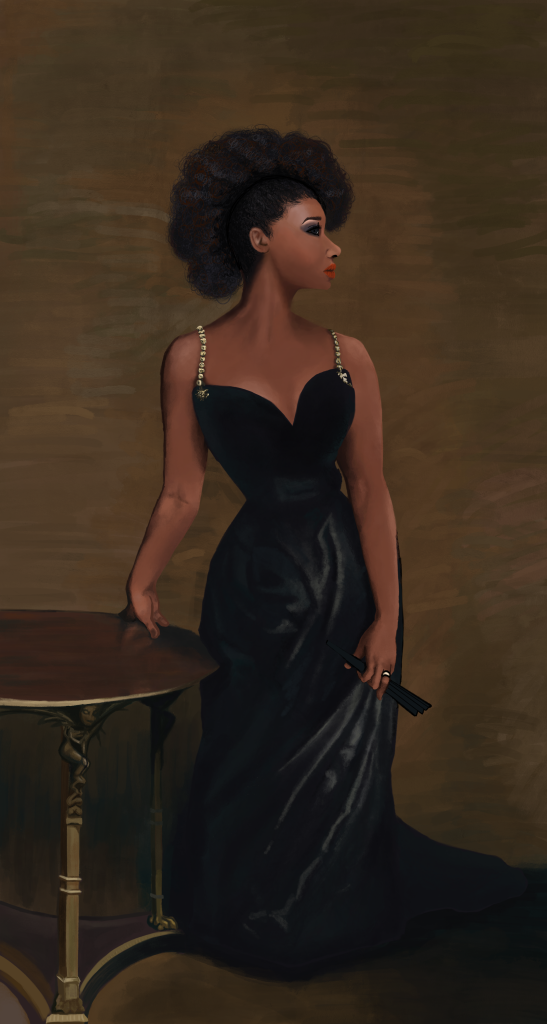 A black woman in a black sleeveless dress. Her body faces forward while her face is in profile. Her natural dark hair is style away from her face. One of her hands is resting on a round table while the other clutches the front of her dress. She is wearing a gold ring on her left hand.
