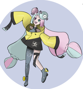A character of a girl smoothly lined in black, appearing mid-dance. Her cotton candy colored pigtails are as long and as thick as her body, and she has round baubles on top of her head. Her yellow and black jacket is very oversized, acting as a dress, and she has one blue stocking covering her right leg. There is a black ribbon around her left thigh.