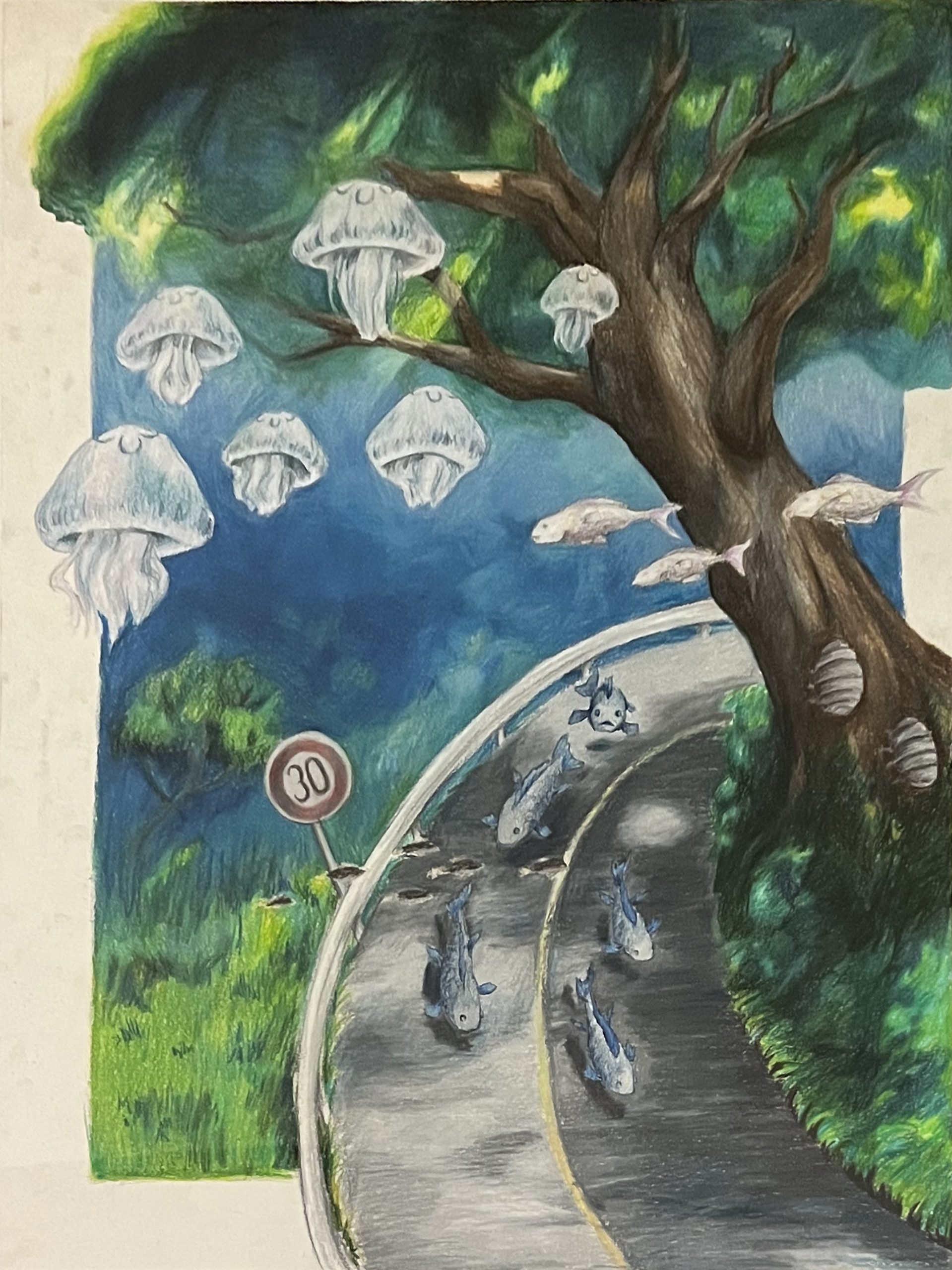 Silver/blue jellyfish float in the sky and fish of the same color travel down a curved road with grass on either side. There is a tree on the right leaning over the road with other fish floating in front of it.