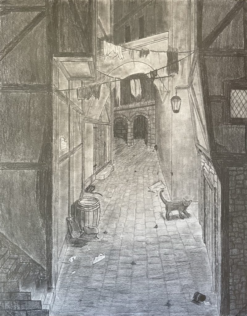 The opening to an alley sits in the middle of the page, rendered in perspective. Trash litters the brick ground and a cat is looking to the viewer. Clotheslines crisscross the tops of the buildings on either side of the alley.