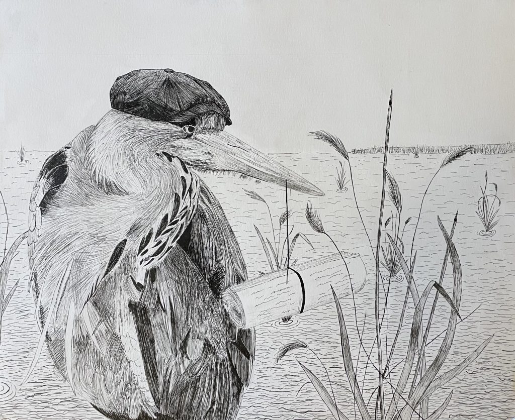 A crane holding a thick roll of paper with writing on it from a string in its beak. There are cattail stalks around the bird and in the water behind it. The crane is wearing a newscap.