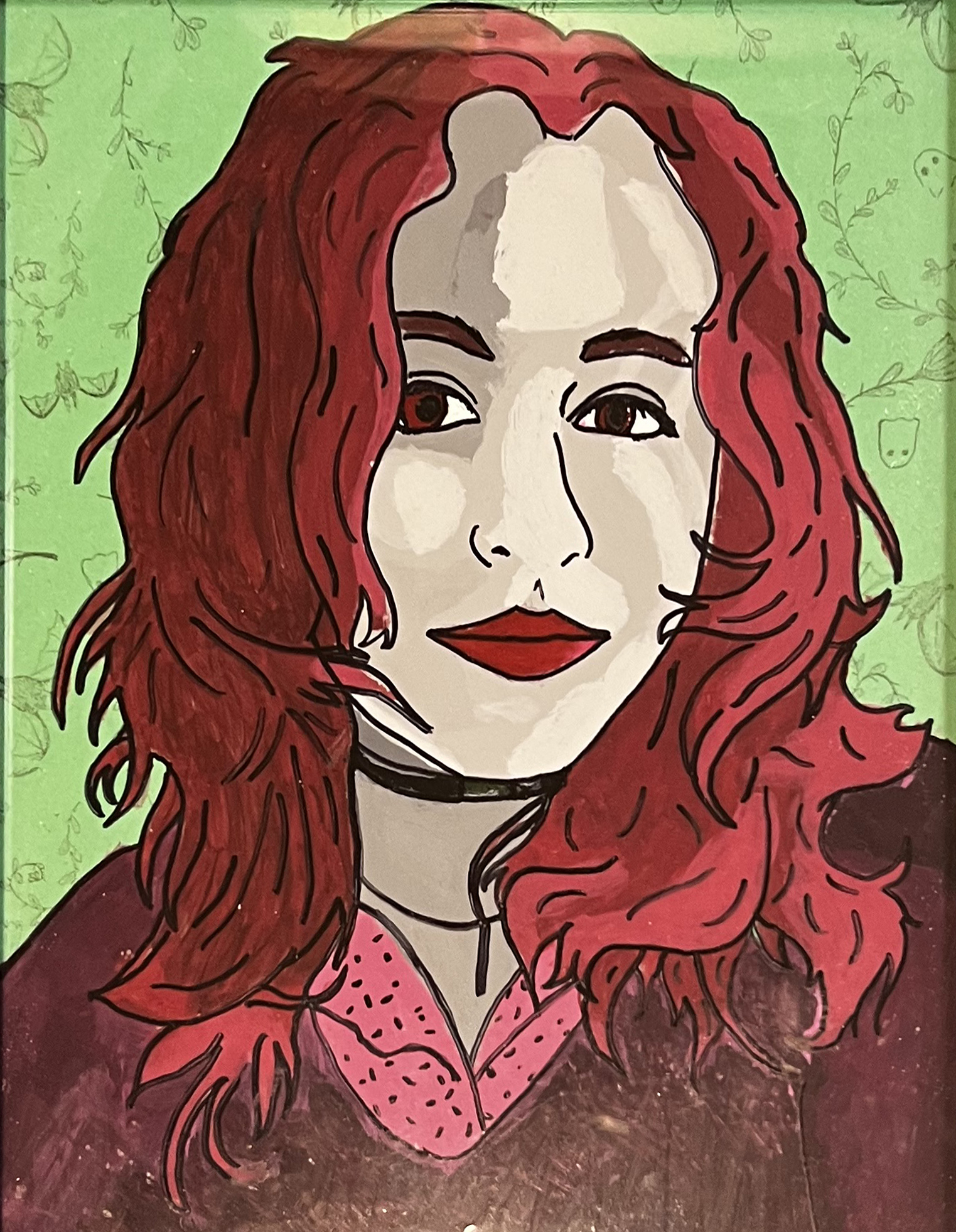A portrait of a person with red hair, red eyes, and red lipstick. Their face is cell shaded in light flesh tones. they are wearing a brown shirt, a pink polka dotted blouse beneath. The background is light green with faint drawings of plants and doodled faces.