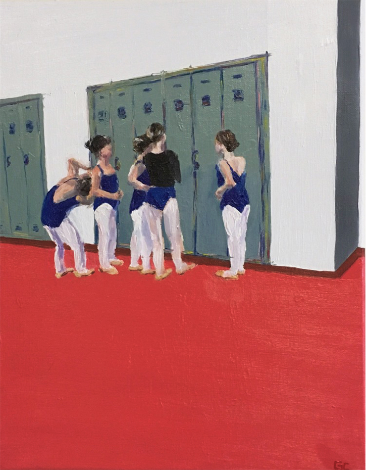 A group of five girls in blue leotards stand in front of gray lockers with their backs turned. The floor is red.