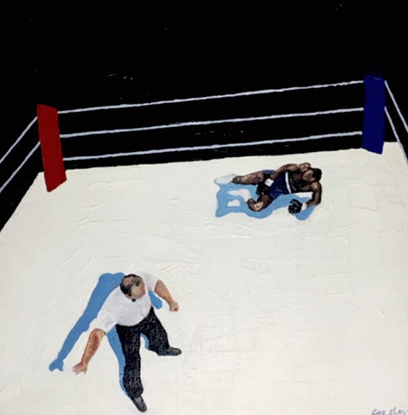 Two figures on a white floored boxing ring viewed from above. One is dressed in black pants and white shirt, standing in the left bottom corner and gesturing to the left. The other is resting on his elbow on the floor, wearing boxing gloves and blue shorts. The background is flat black.