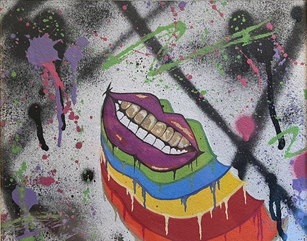 A smiling mouth with purple lipstick: the top teach are shining gold, the bottom are white. Behind the detailed mouth are outlined shapes of lips, descending to the right corner in the order of green, blue, yellow, red, and orange. The mouths are surrounded by splashes of purple, green, and pink splashes of paint. Black lines crisscross in the background. Acrylic, spray paint, and oil paints on white paper.