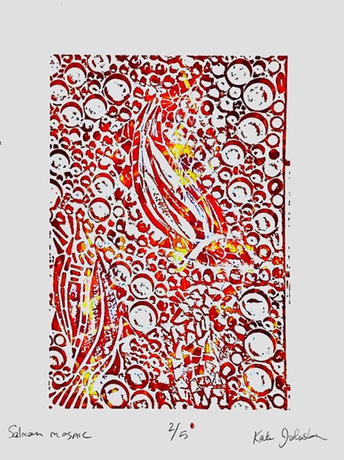 A pattern of differently sized circles surround two stylized salmon in hues of red and yellow. It sits on a white background. The name of the piece, date it was created, and the artist's signature line the bottom.
