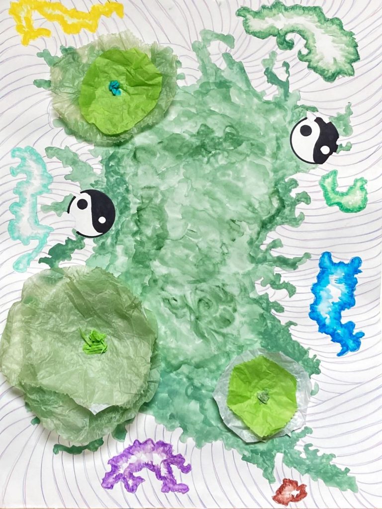 A large shape of alternating green hues dominates the middle of the page, three round green tissue paper flowers decorating the left and bottom of the shape. A Ying and Yang symbol is on the east and west sides of the shape. Around the large green shape are smaller shapes of different colors (green, yellow, blue, aqua, purple, and red. These shapes are on a background of swirling gray lines.