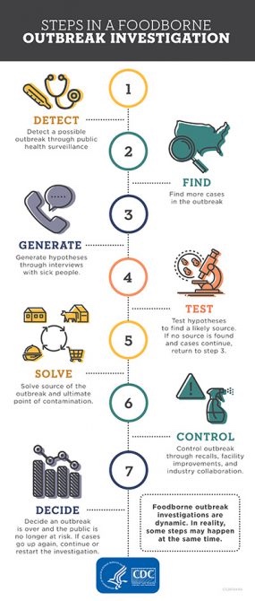 Steps in a Foodborne Outbreak Investigation include: Detect, Find, Generate, Test, Solve, Control, Decide