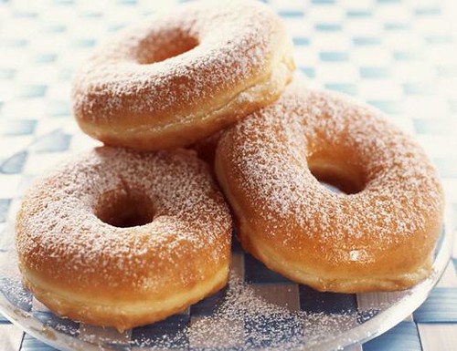 Breakfast #1 is three powdered sugar donuts. These donuts weigh 180 grams and contain 500 kcal