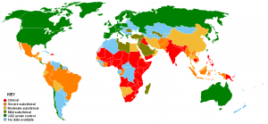 World map showing the prevalence of vitamin A deficiency: highest in Africa, India, Yemen, and portions of Southeast Asia. It is low and under control in the US