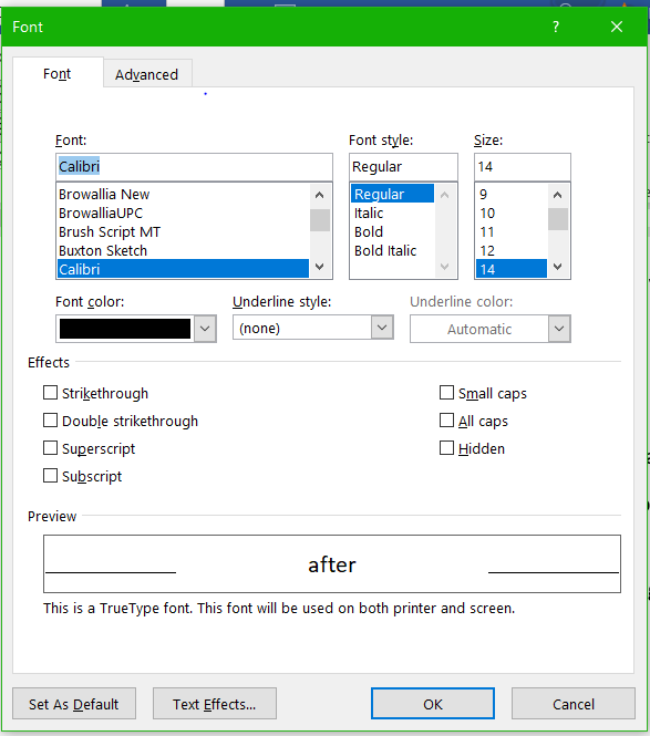 Image of MS Word font panel