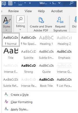 Image of MS Word styles dropdown selection
