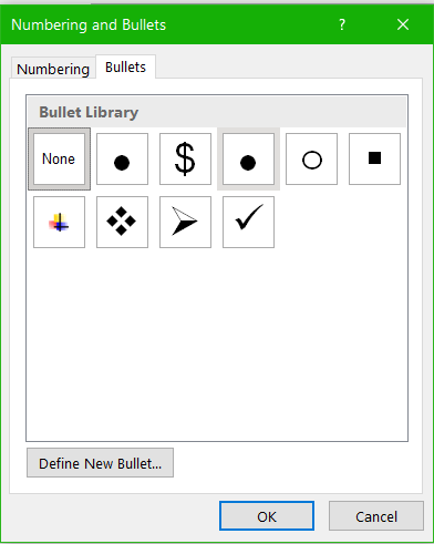 Image of MS Word numbering and bullets panel