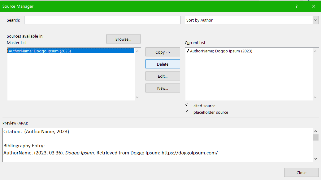 Image of MS Word sources manager panel