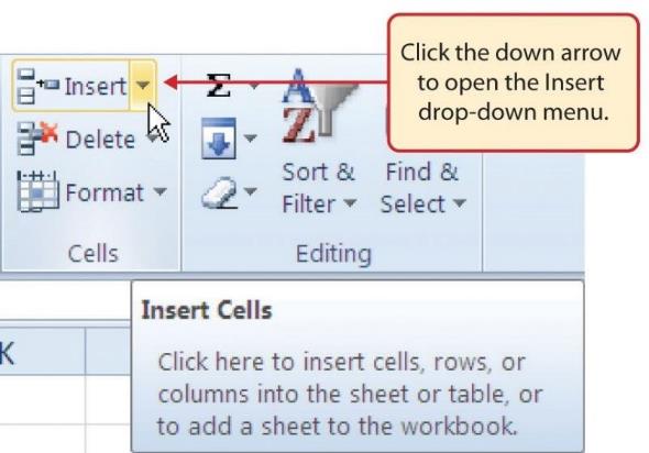 Image of MS Excel insert cells option