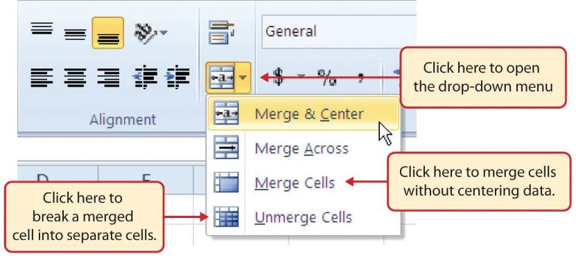Image of MS Excel of merge options