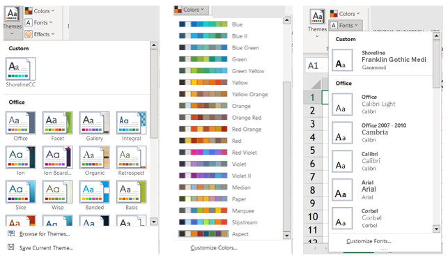 Image of MS Excel themes, colors, and font palettes