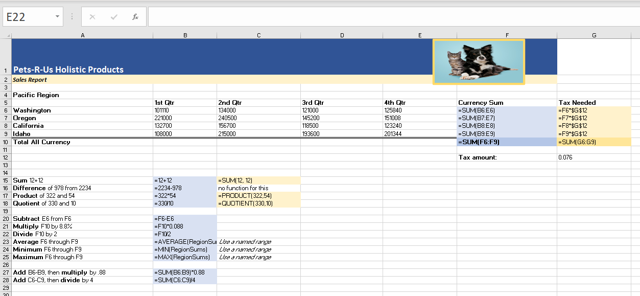 Image of MS Excel worksheet in show formulas format