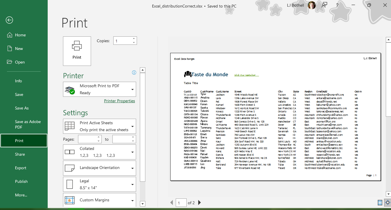 Image of MS Excel backstage Print page