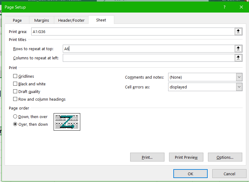 Image of MS Excel page setup panel Sheet tab