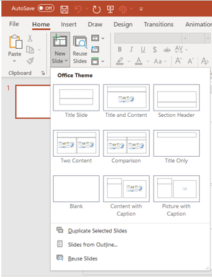 Image of MS PowerPoint new slides selection panel