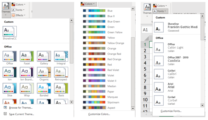 Image of MS PowerPoint themes, and color/font palettes