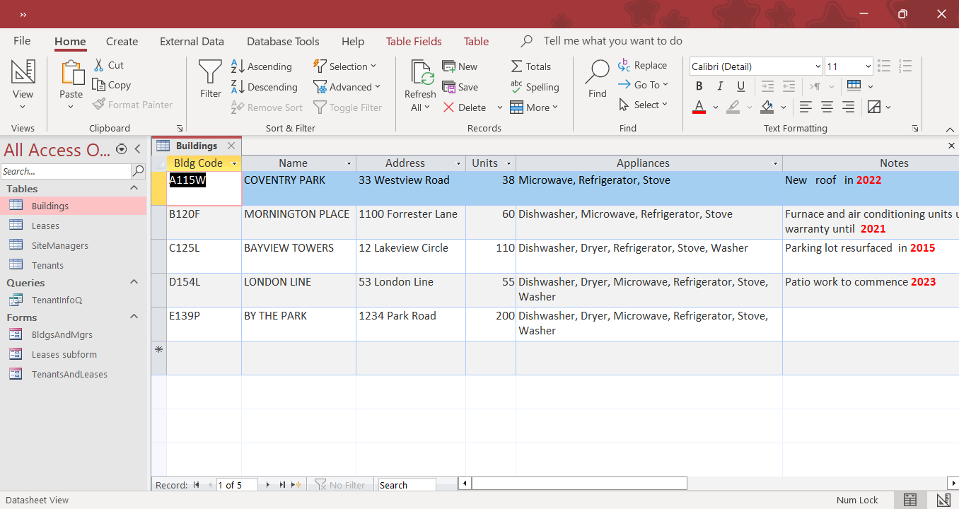 Image of MS Access database user interface and database