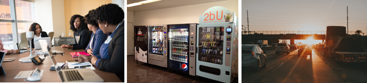 The image shows three photos. Left to right: a group of well-dressed Black women sit at a work conference table, with laptops in front of them; 4 vending machines sell snacks and soft drinks; and cars jamming a freeway.